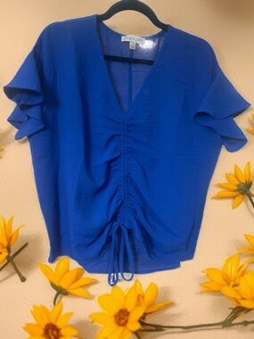She + Sky Cobalt Ruched Drawstring V-Neck Blouse